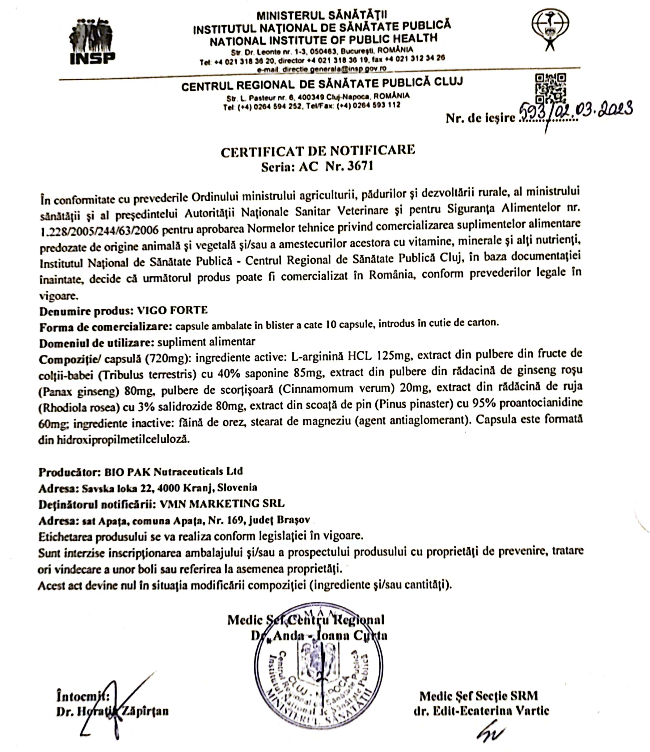 vigoforte este notificat de ministerul sanatatii din romania